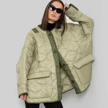 Women's Winter Jacket Pocket Zipper Large Cotton Clothes Early Autumn Loose and Thin Round Neck Long Sleeve Coat куртка женская