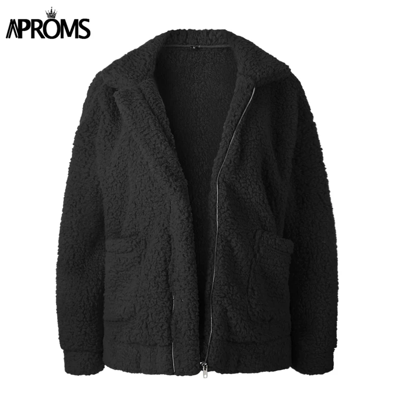 Aproms, женские зимние теплые толстые пальто с передними карманами, осенняя Повседневная негабаритная мягкая плюшевая куртка, пальто для улицы, верхняя одежда для женщин - Цвет: Черный