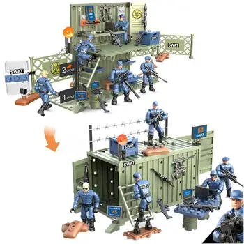 

4IN1 Police Action Figure Anti-terrorism Center Building Block Transform Model Container 1:36 SWAT Bricks Toys for Boys Gift