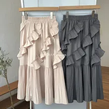 Осенне-летние Асимметричные Многослойные Длинные юбки из смесового хлопка с эластичной резинкой на талии, плиссированные Многослойные Длинные юбки трапециевидной формы с оборками