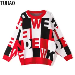 TUHAO/осенний свитер в клетку красного, белого и черного цвета с буквенным принтом; одинаковые топы с круглым вырезом и длинными рукавами;
