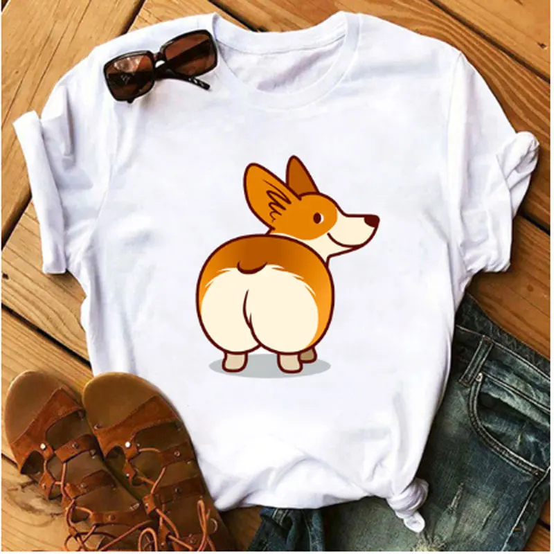 

Women's new Kawaii Corgi T-shirts Women's T-shirts Harajuku Ulzzang T-shirts Beautiful printed patterns Fun Korean T-shirts