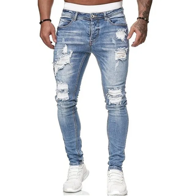 Mens Ripped Skinny Jeans Blue Slim Fit Hole Pencil Pants Casual Biker Trousers Streetwear 2021 High Quality Denim Man Clothing 1990 Light blue
