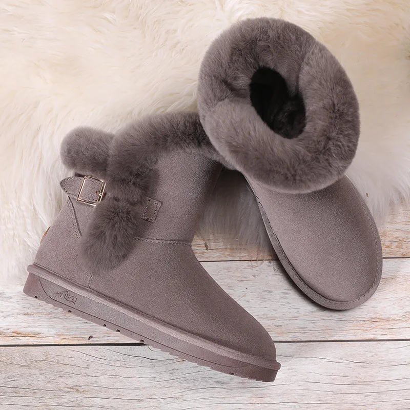 Tanie Klasyczna prawdziwa skóra bydlęca skórzane buty śniegowe 100% wełna kobiety buty sierść królika klamra ciepłe zimowe buty dla kobiet duże rozmiary