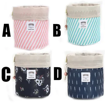 

Barrel Shaped Travel Cosmetic Bag Nylon High Capacity Drawstring Elegant Drum Wash Bags Makeup Organizer Storage Bag