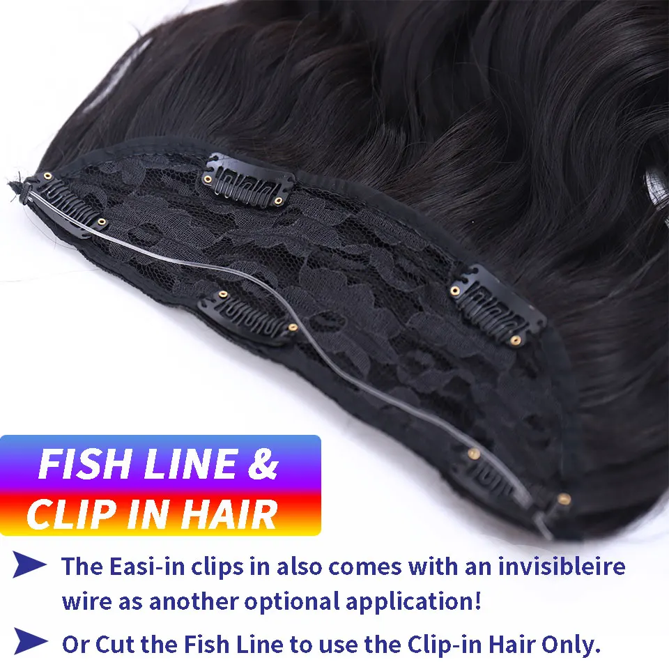 Fish Line with Clip in Hair Extensions Natural Hair Pieces Real Hair Extensions Fish Line 24 inch Synthetic Flip in Hair Wavy