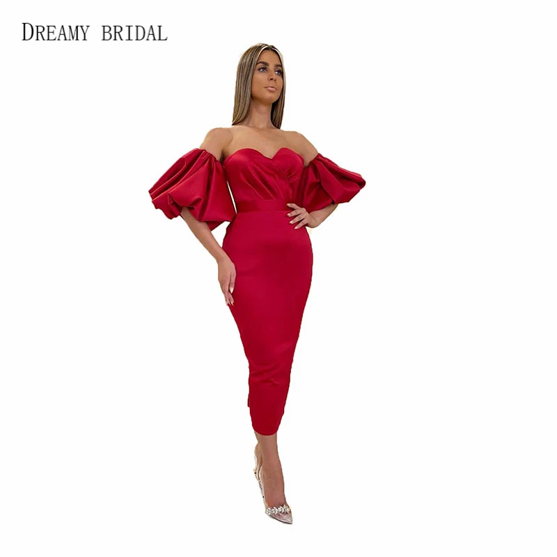 Bridal Pleated Puffy Sleeves Cocktail Dresses Tea Length Club Hot Wear 2k20 Fashionable Dress