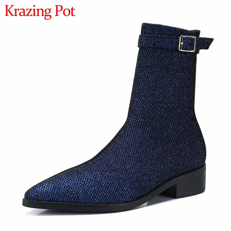 Krazing Pot/Великолепные блестящие растягивающиеся сапоги; женские зимние теплые модные сапоги до середины икры с острым носком на среднем каблуке с ремешком и пряжкой; L99