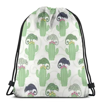 

Fashion Green Chameleon Lizard And Cactus Plant Bag Outdoor Fitness Drawstring Beam Mouth Backpack Sports Bag Travel Backpack