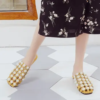

Shoes Woman 2020 Square Toe Slippers Casual String Bead Slipers Women Luxury Cover Flat New PU Retro Fashion Spring Slides