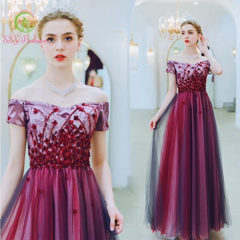 

SSYfashion New Boat Neck Off The Shoulder Lace Up Back Floor Length Long Wine Evening Dress Party Formal Gown Formal Dress