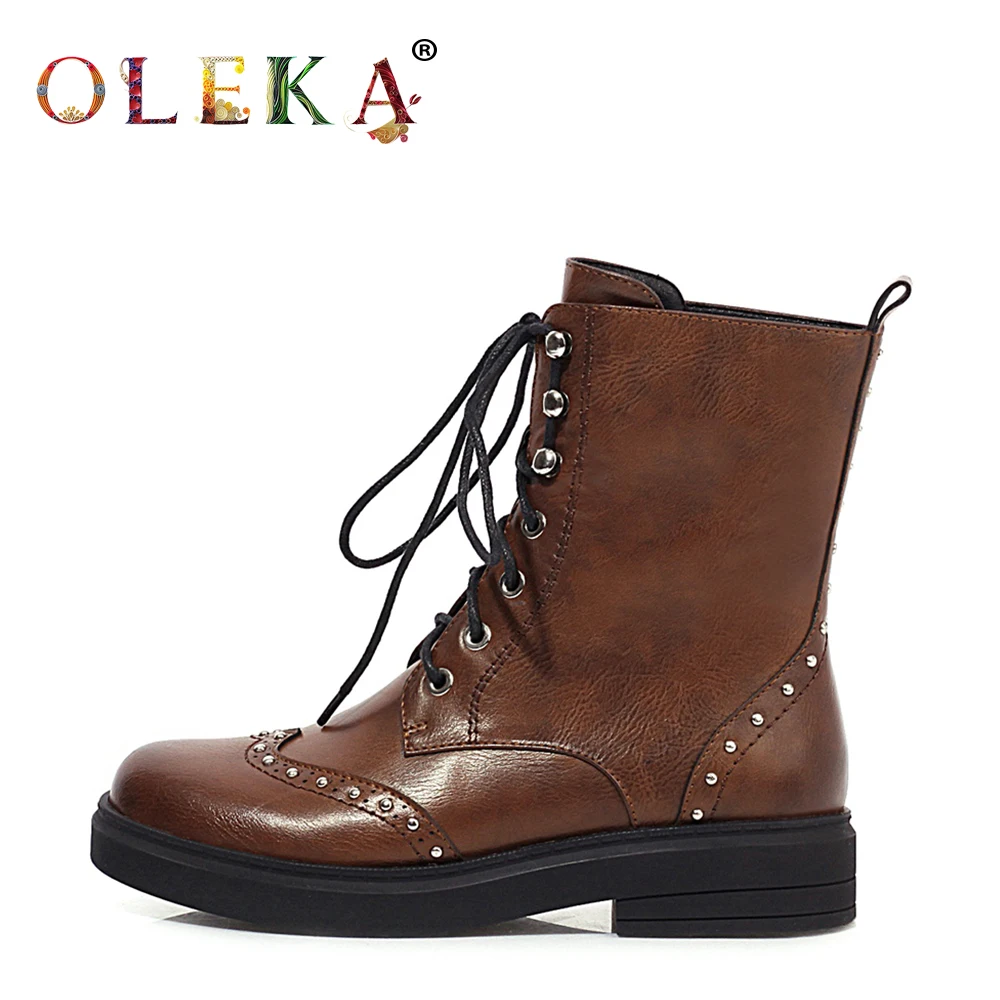 

OLEKA Mid-calf Winter Boots Women Platform Metal Decoration Round Toe Boots Retro Style Work & Safety Warm Short Plush New