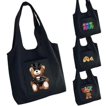 Canvas Bag Women's Handbag Travel Cute Decoration Bear Print Portable One-shoulder Shopping Bag Pure Cotton Storage Tote Bag