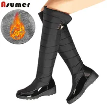 ASUMER/Большие размеры 35-44, зимние сапоги из лакированной pu искусственной кожи женская обувь на платформе теплые зимние сапоги с густым мехом Черные Сапоги до колена