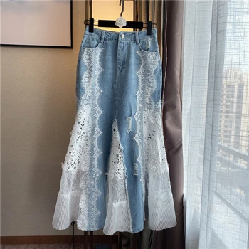 

Denim Lace Skirt for Women 2020 Spring and Summer New Retro Temperament Lace Wild Denim Jean Skirt Female Long Skirts High Waist