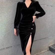 

Women Party Midi Dress Female V-Neck Long Sleeve Slim Vintage Dress Ladies Split Sexy Bodycon Vestdios