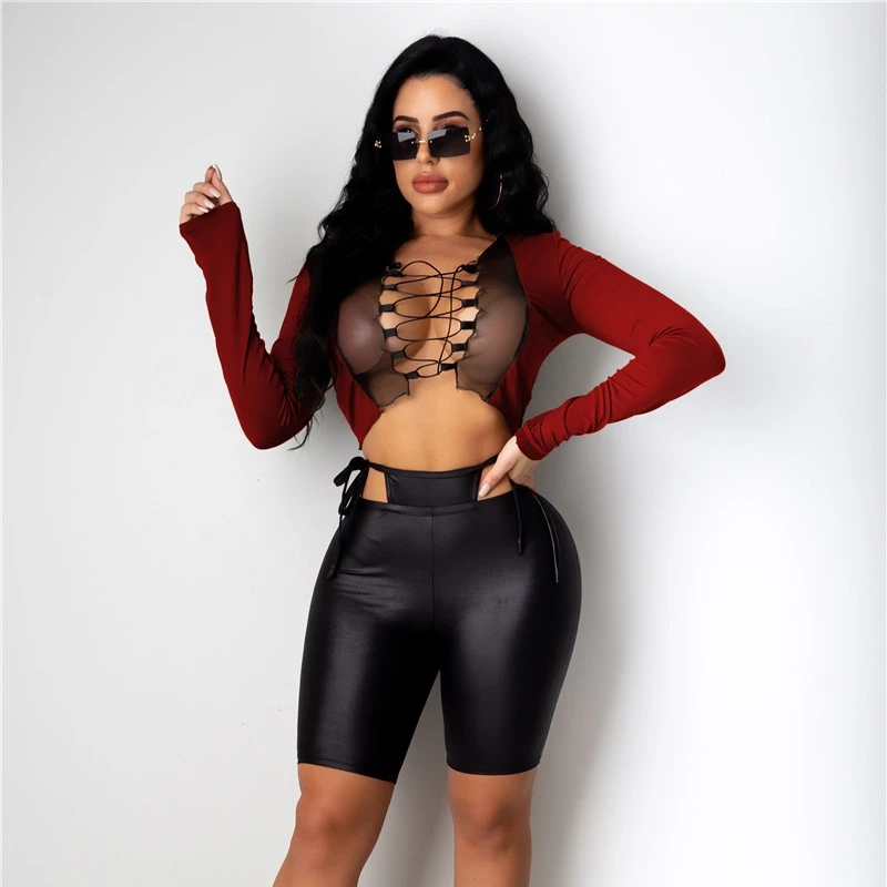 New Women's Hollow Solid Color Top Long Sleeve V-neck Tulle Short T-shirt Sexy 2020 Lady Autumn Party Wear