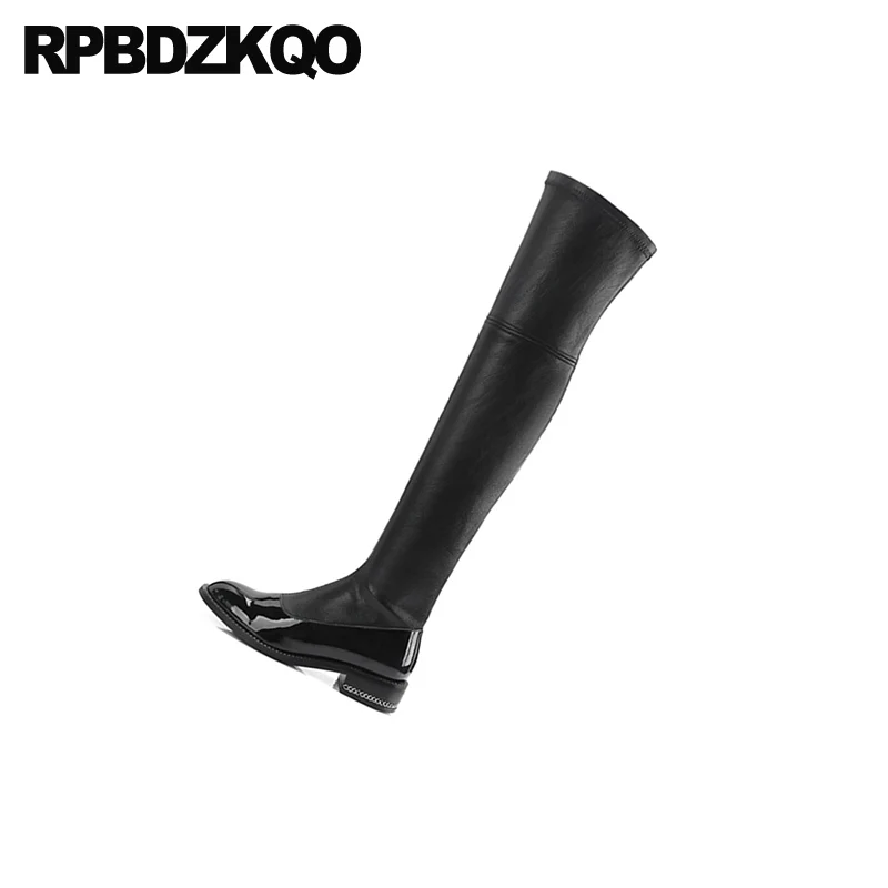 shoes casual genuine leather long side zip boots round toe tall patent chunky european over the knee winter black autumn women