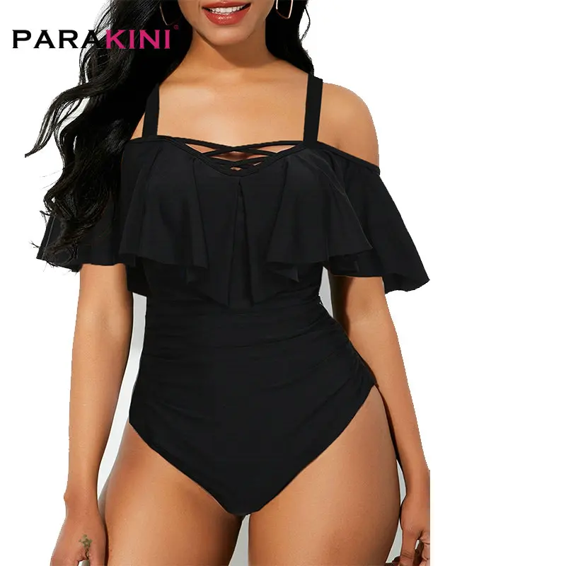 

PARAKINI Strap Cold Shoulder Swim Suits Black Ruffle Overlay One Piece Swimwear 2020 New Plus Size Swimwear Women Bathing Suit