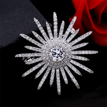 

New Large White Cubic Zirconia Sunflower Brooch Pin Luxury Crystal Brooches for Women Wedding Jewelry Bling Broach Dress Broches