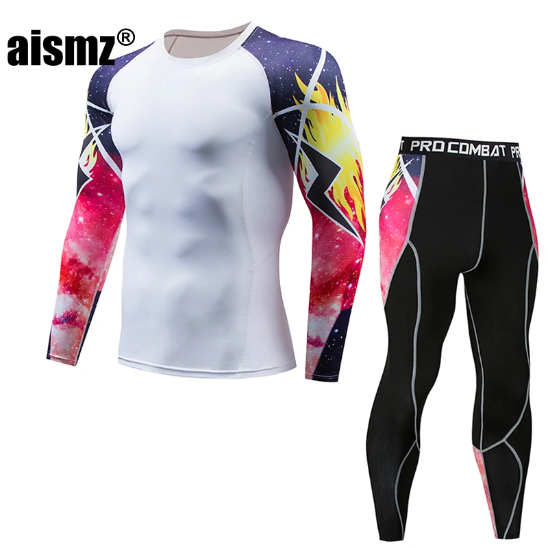 Aismz набор для фитнеса Moletom Masculino спортивный костюм для мужчин размера плюс брендовая одежда спортивная одежда модный принт полный компрессионный комплект - Цвет: AZ2009B