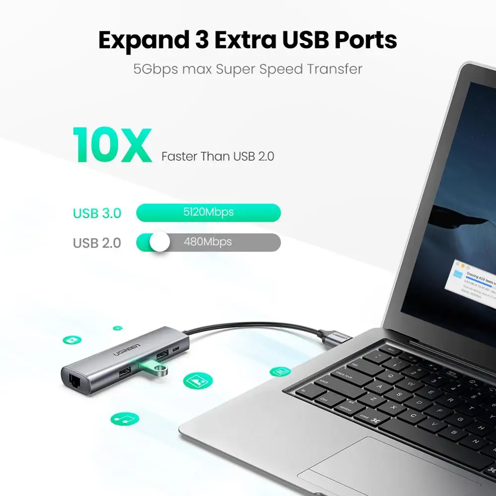 Ugreen USB Ethernet адаптер USB 3,0 к RJ45 3,0 концентратор для MacBook Air Ethernet адаптер Сетевая карта USB Lan