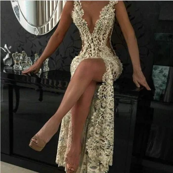 

V Neck Prom Dresses Mermaid Lace Appliques Beadings High Split Long Illusion Style Prom Gown Evening Dresses Robe De Soiree