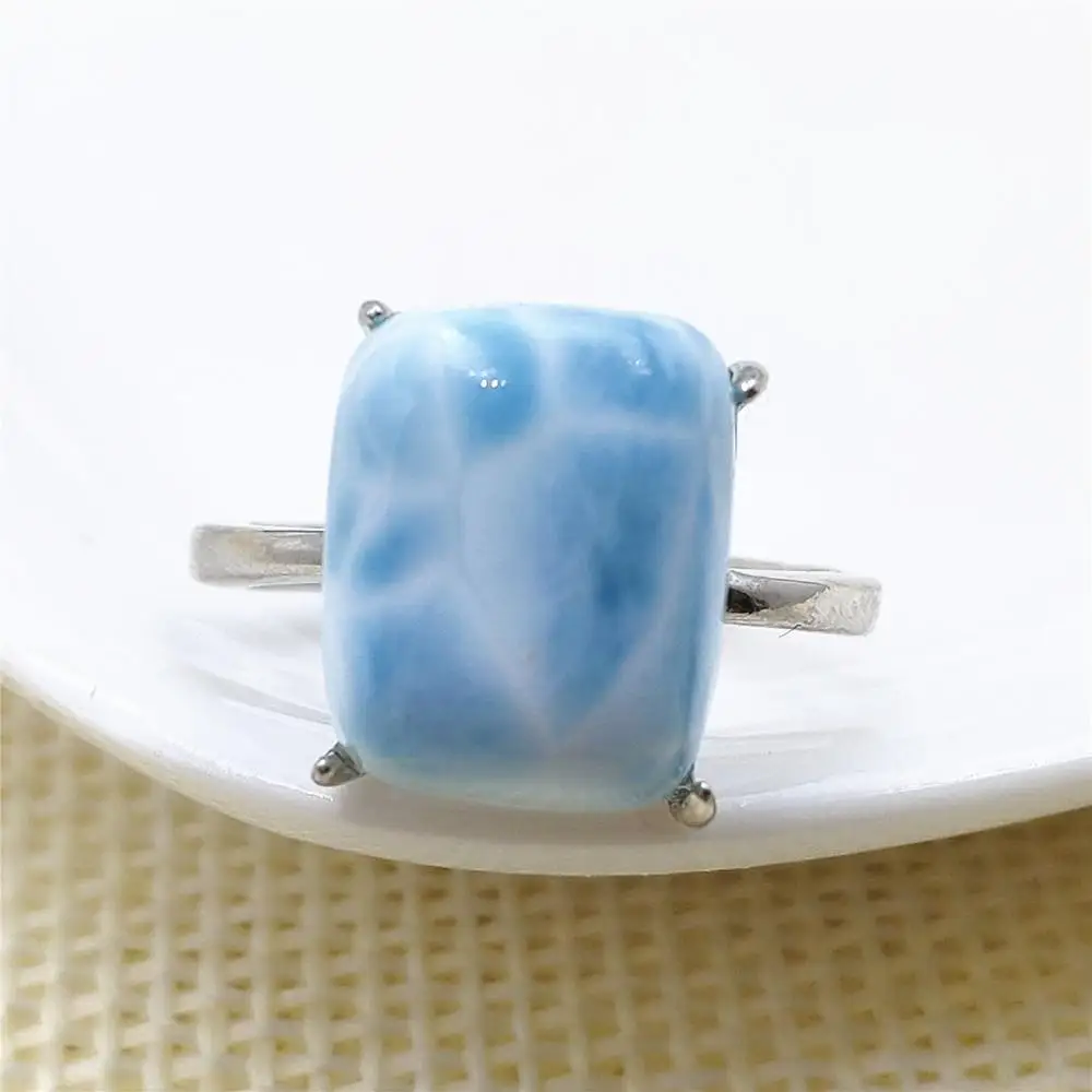 

Genuine Natural Larimar Blue Gemstone Adjustable Ring 13x10mm Water Pattern Dominia 925 Sterling Silver AAAAAA