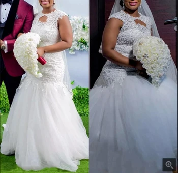 

New arrival South African White Mermaid Lace Wedding Gowns Jewel Neck Appliques beaded sequins cheap bridal gowns hot sale