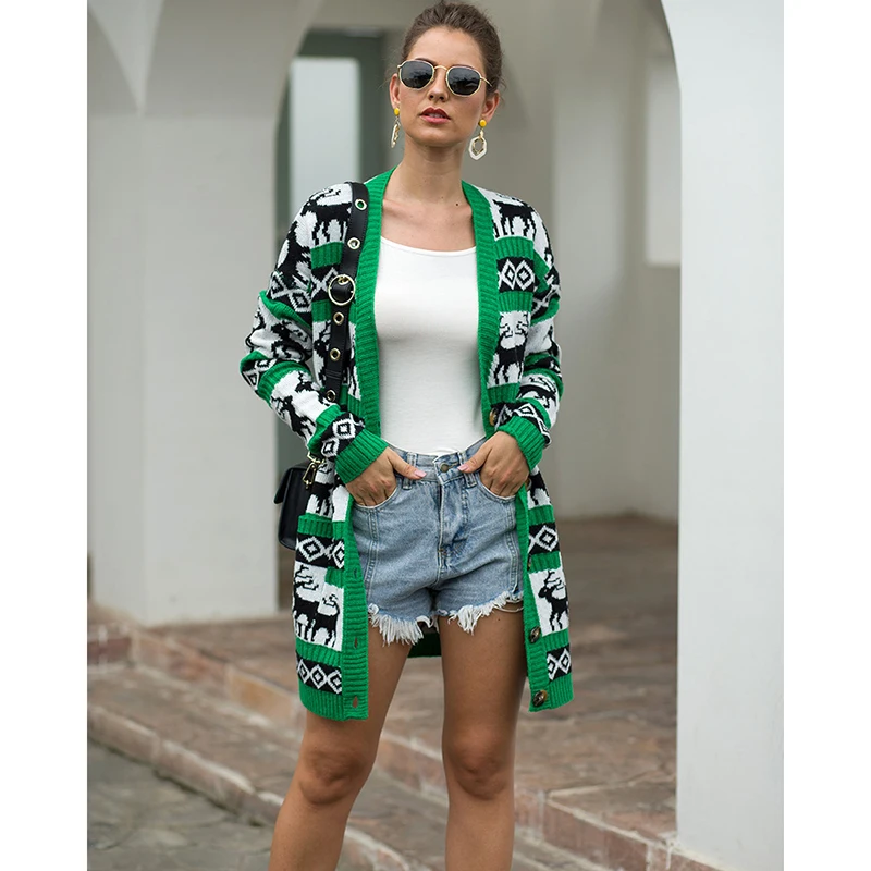 2019 Women Autumn Winter Christmas Printed Deer Casual Long Sleeve Buttons Slim European Style Knitted Cardigan SJ4416E |