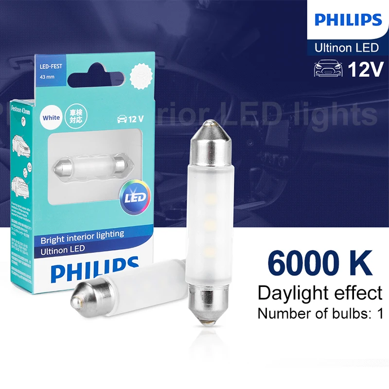 Philips Festoon 43 мм Яркий интерьерный светильник ing Ultinon светодиодный купольный светильник для чтения карты лампы для автомобилей Сигнальные лампы 6000K белый 1 шт