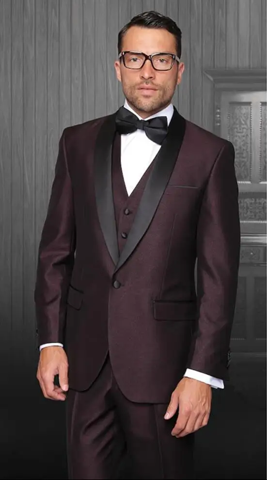 694 Custom made a button gap Burgundy groom men suit black Lapel jacket+pants+tie+vest men's dress wedding best man mens suits