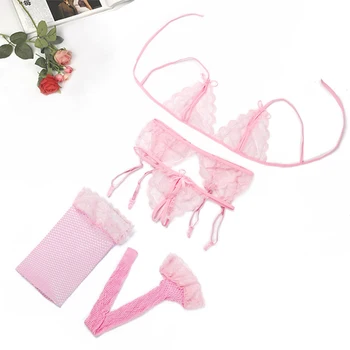 

Sexy Pink Lingerie Set Lace Push Up Bra And Panty Garters Fishnet Stockings Bra Set Underwear Transparent Erotic 4pcs Brief Set