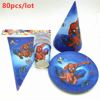 

80Pcs Spiderman Theme Kids Boy Birthday Party Disposable Tableware Sets Paper Plate+Cup+Flag+Cap Decoration Party Supplies