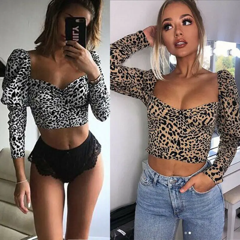 Meihuida Fashion Women Sexy Leopard Crop Tops Ladies Long Puff Sleeve Low-Cut V-Neck Shorts Tee Shirt Costume Clothes S | Женская одежда