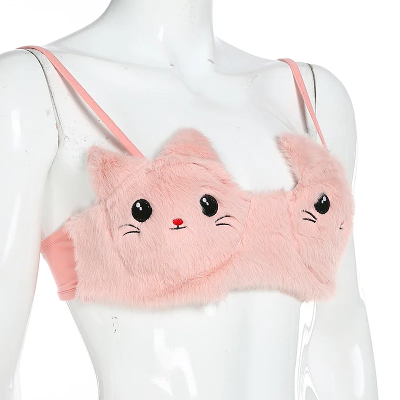Сексуальный милый розовый цвет вышивка кошка принт пушистый флис мех ремешками без рукавов Бюстгальтер Бюстье укороченный Топ Cami футболки топы