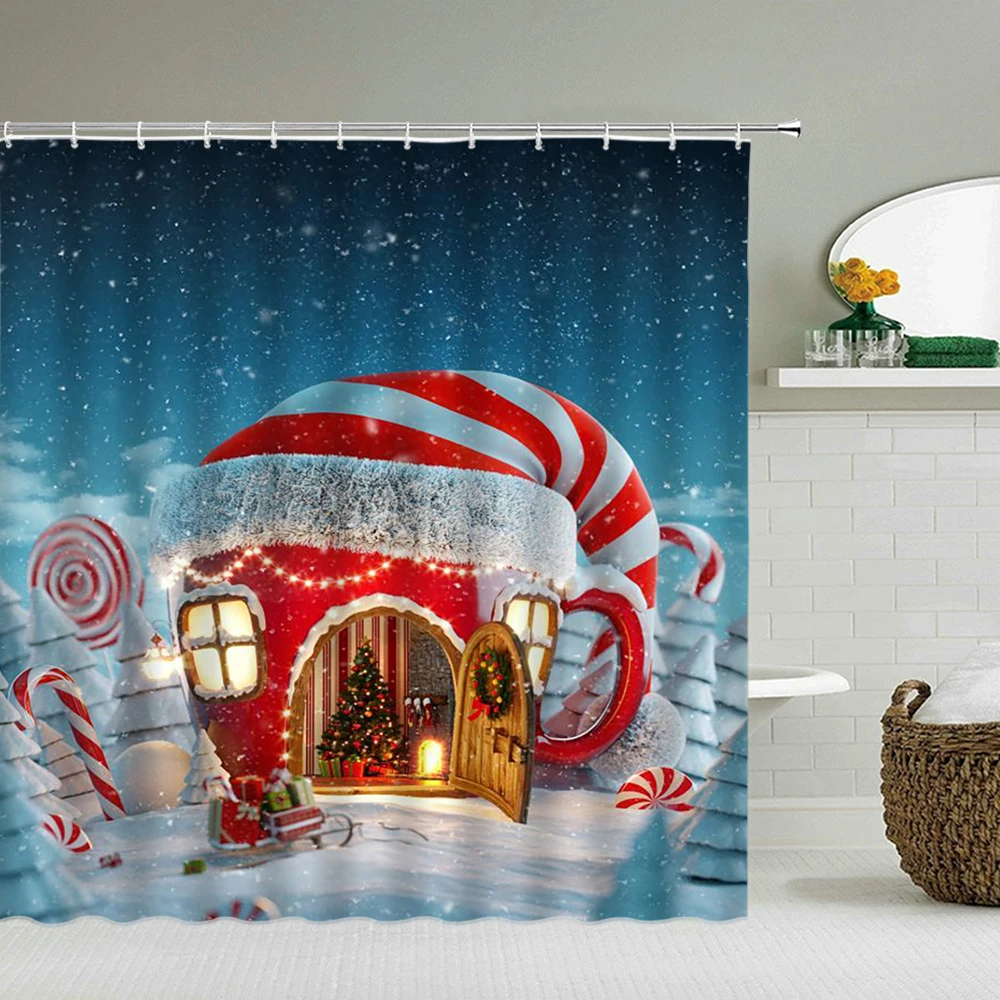 

New Year Merry Christmas Shower Curtains Santa Claus 3d Bathroom Curtain Waterproof Cloth With Hook Decor180*180cm Bath Screen