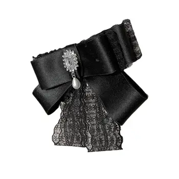 

Women Vintage Layered Satin Lace Bow Brooch Pin Rhinestone Drop Collar Necktie