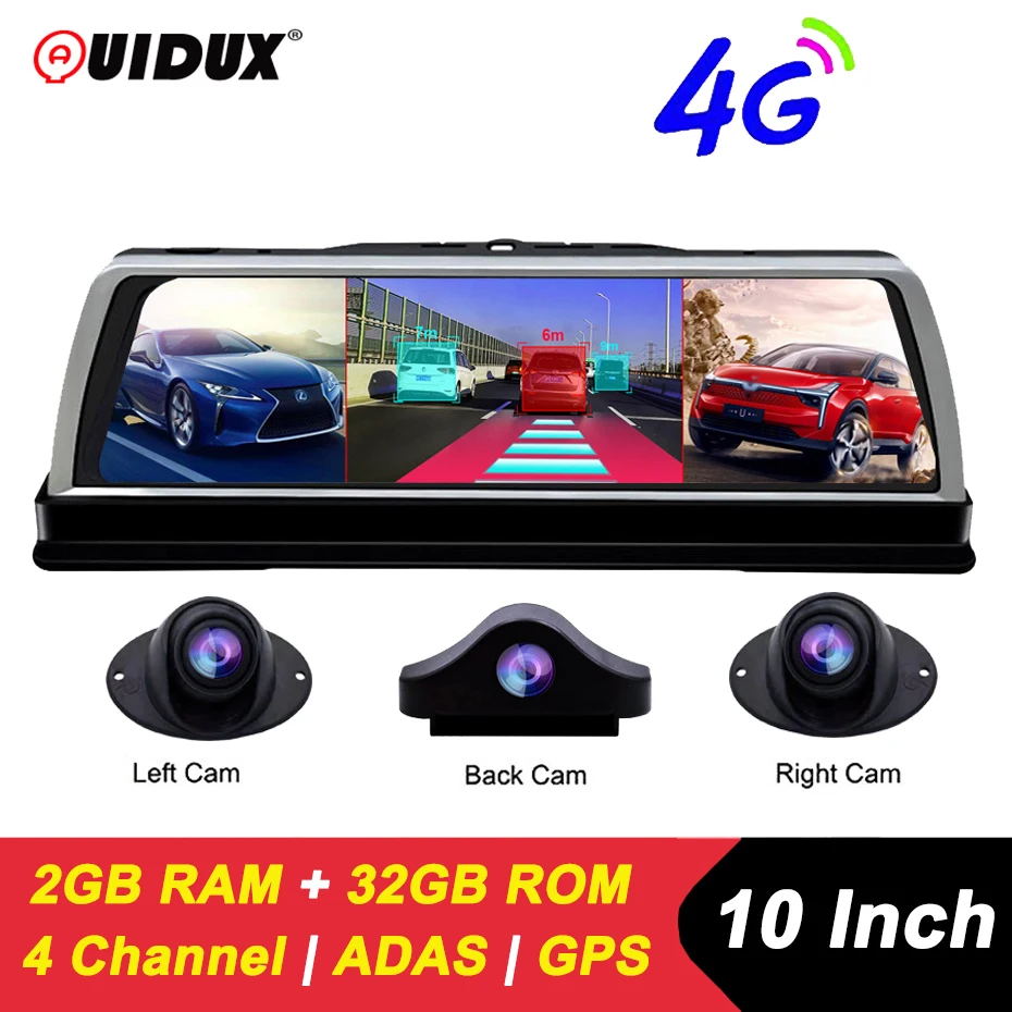 QUIDUX Four Cameras Streaming 4G DVR 10 Inch Full IPS Touch Screen ADAS Car Dash Cam Android 5.1 WiFi 1080P Rear Mirror 2GB+32GB