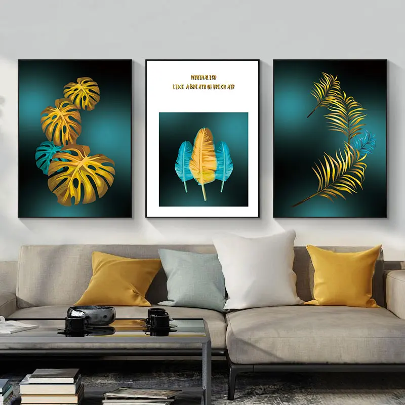 

Modern Wall Art Canvas Painting Popular Poster And Prints Gold Leaves Feather Blue Quote Pictures For Home Living Room Decor