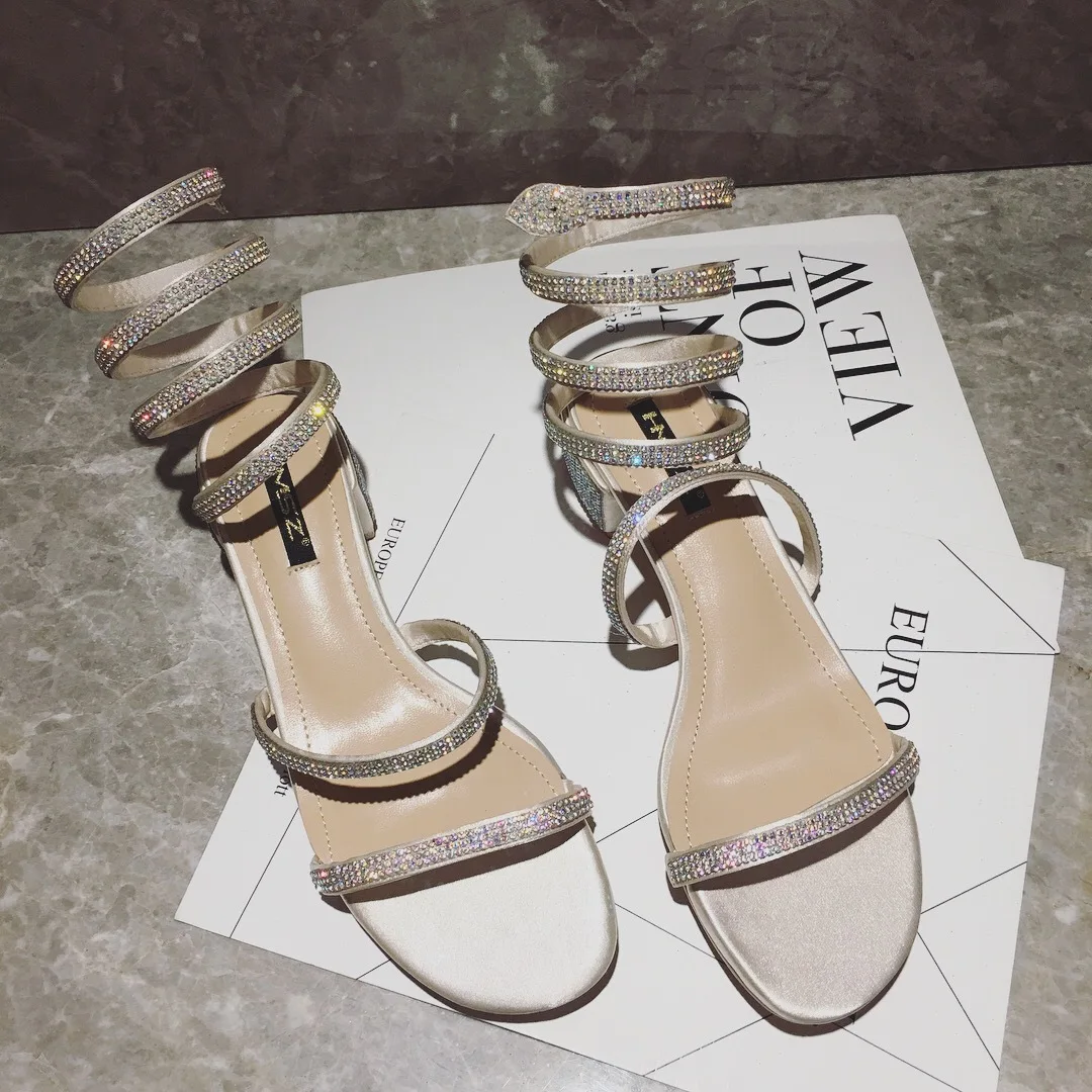 

Women Summer Sandals Gladiator Slip On Thick High Heel Crystal Rome Sandals Casual Students Slides Bling Shiny Party Sandals