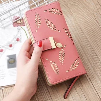 

Orange Women Trend Solid purse Long Fringed Hollow Leaf Leather Card Wallet monederos para mujer monedas Dropshipping