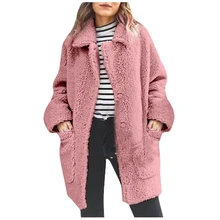 JAYCOSIN зимнее женское пальто из искусственного меха роскошное длинное Свободное пальто с отворотом толстое женское плюшевое пальто больших размеров с карманами 1027