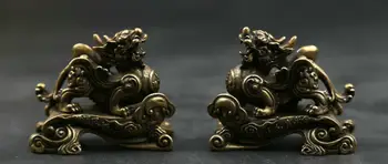 

49MM Small Curio Chinese Bronze Animal Unicorn Beast Kylin Chi-lin Statue Pair