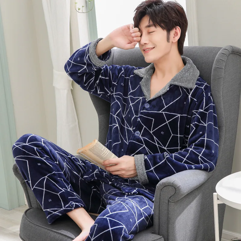 

Flannel Pajamas MEN'S Cardigan Winter Extra-large Thick Warm Cut Flower Long Sleeve Men Homewear Set 427-1