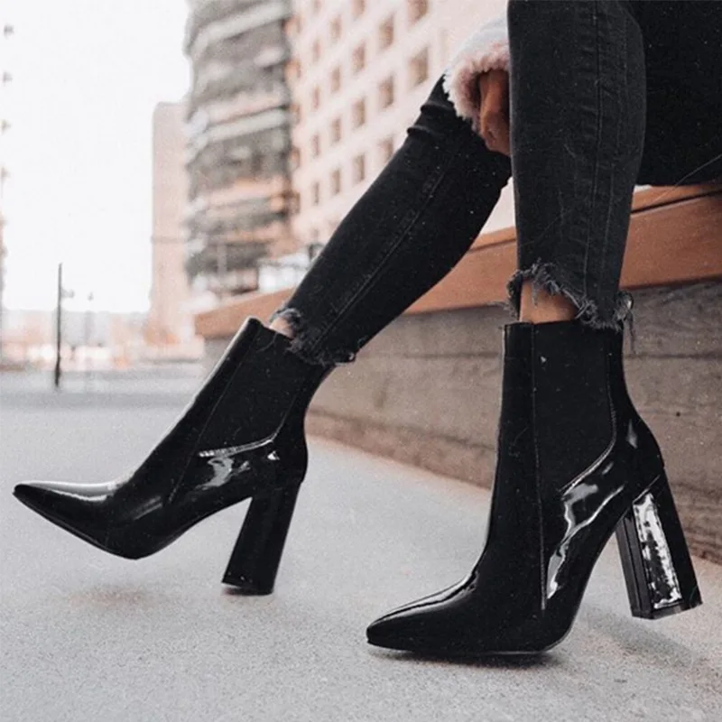 

Classics Fashion Women Autumn Ankle Boots Pointed Toe Super High Vintage Short Boots Patent Leather Solid Winter Shoes Plus Size