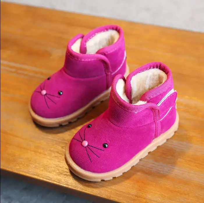 Ботинки для девочек; хлопковая обувь для маленьких мальчиков; зимние детские плюшевые бархатные короткие ботинки; Теплая обувь для малышей; модные зимние ботинки с рисунком котенка - Цвет: 01