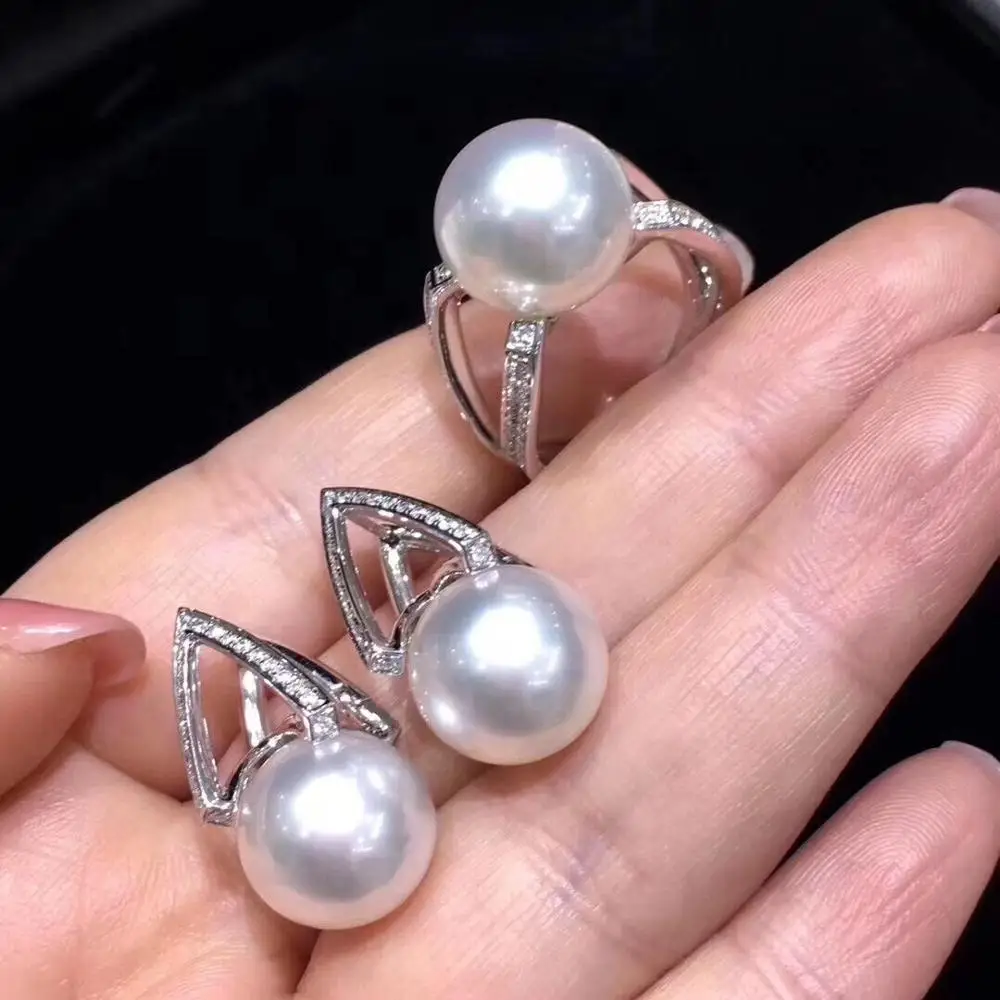 Fine Jewelry 18K White Gold Natural Ocean White Pearl 10 12mm Female's