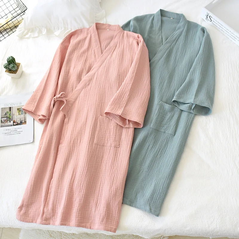 NHKDSASA Couple's Bath Robe Women Kimono Spring And Summer Nightgown Cotton Kimono Bathrobe Men Robe Home Service Pajamas