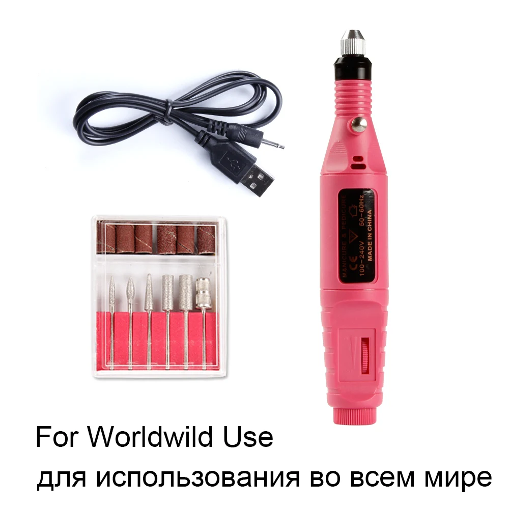 Pink USB Электрический длинный проволочный аппарат для маникюра, сверлильный станок для ногтей, фрезерные сверла, набор пилочек для ногтей, гель для удаления, педикюрная мельница, резак - Цвет: Pink USB